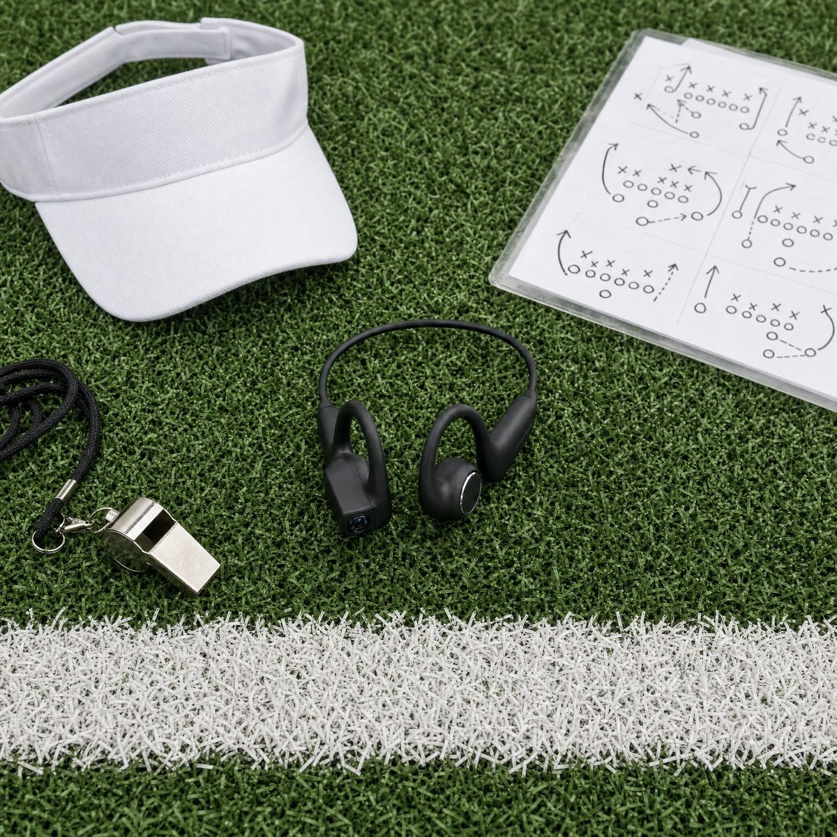 SIDELINEPOV headset on turf beside a visor, whistle and play sheet