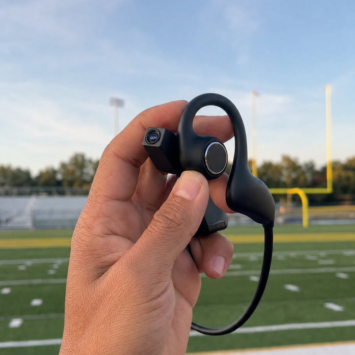SIDELINEPOV headset held in one hand at the field